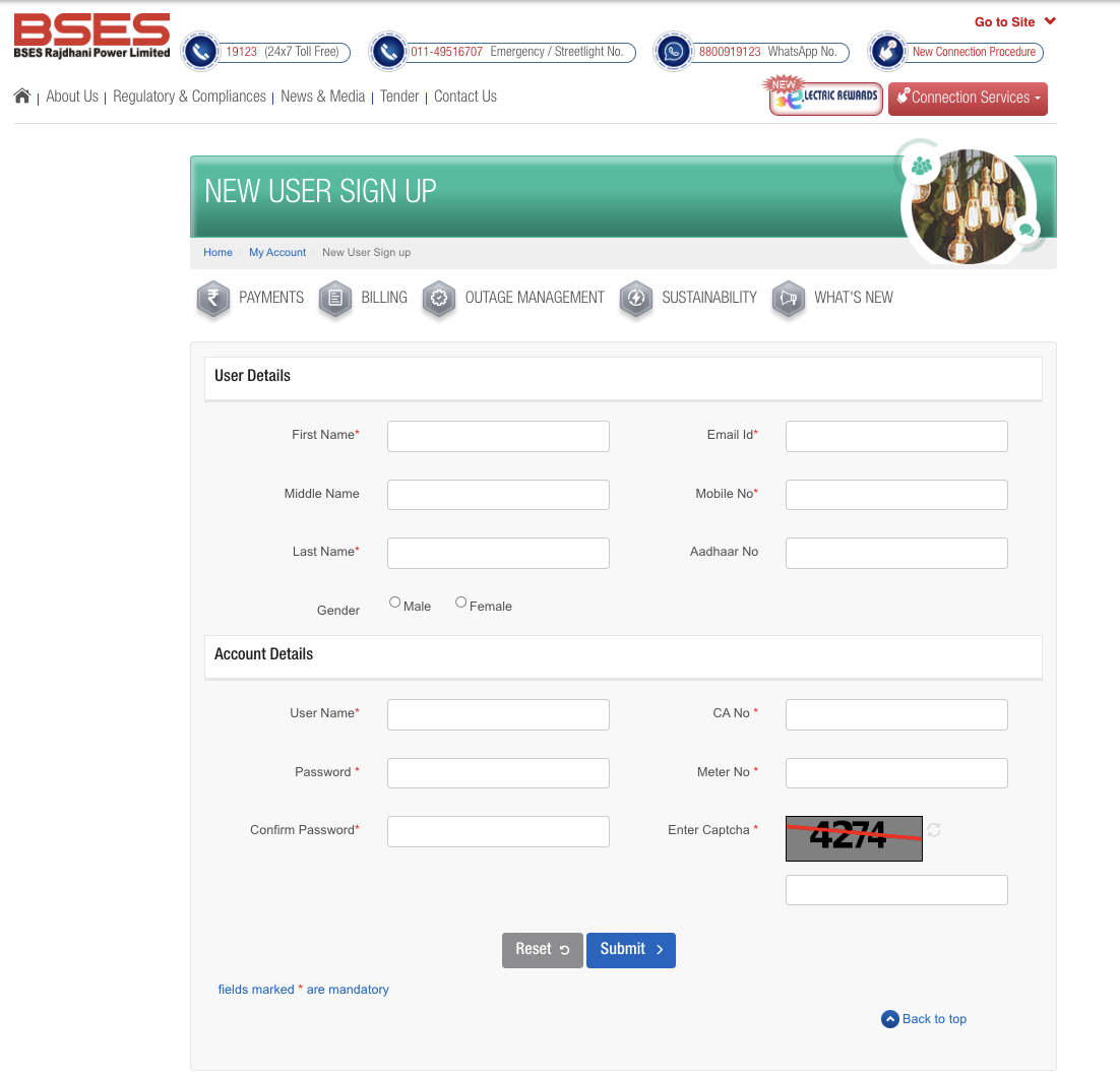 bses new user sign up form